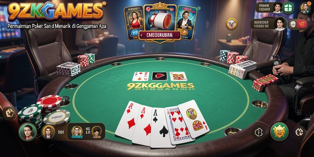 Screenshot gameplay 9ZKGAMES menampilkan suasana permainan Poker yang seru.