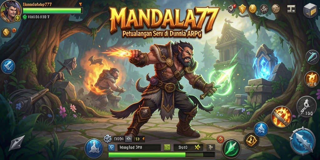 Screenshot gameplay MANDALA77 menampilkan pertempuran seru di dunia fantasi.