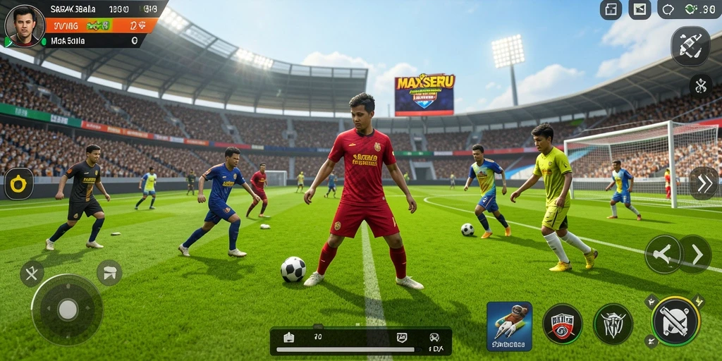 Tampilan gameplay MAXSERU yang menegangkan saat bertanding di lapangan hijau.