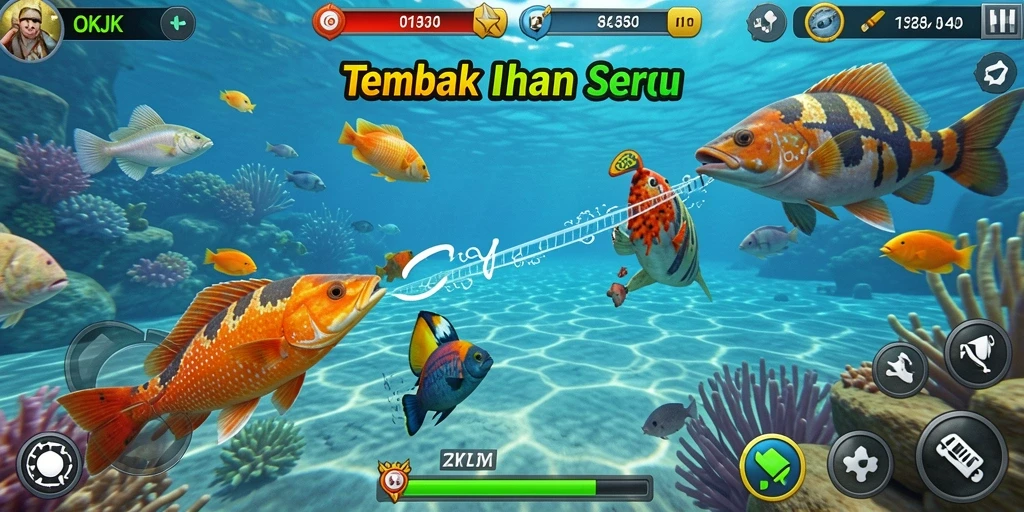 Tampilan gameplay OKJK yang seru dan penuh warna saat menembak ikan.