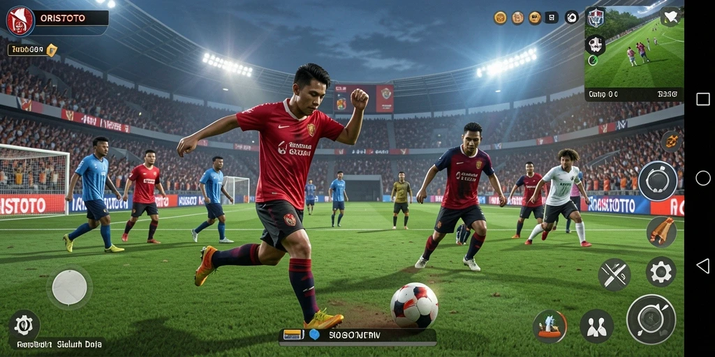 Tampilan gameplay mendebarkan di lapangan sepak bola virtual.